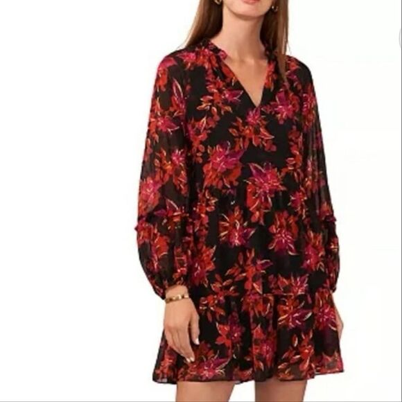Vince Camuto Dark Floral Tiered Babydoll Mini Dress Size Large Long Sheer Sleeve - Picture 1 of 16